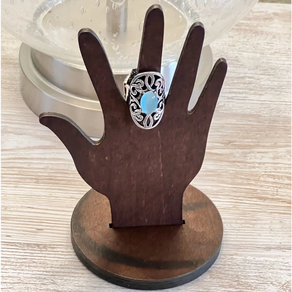Turquoise Elegance Silver-Tone Filigree Stretch Ring